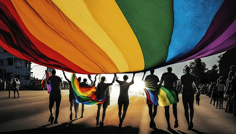 group of people carrying a large rainbow flag above their heads